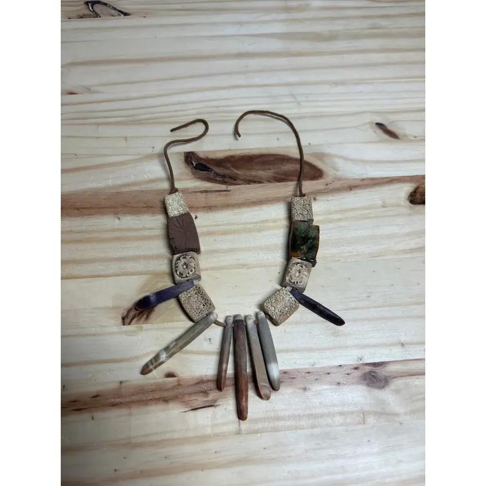 Artisan Handmade Cermaic Stone Bead Statement Necklace Boho Rustic Earthy